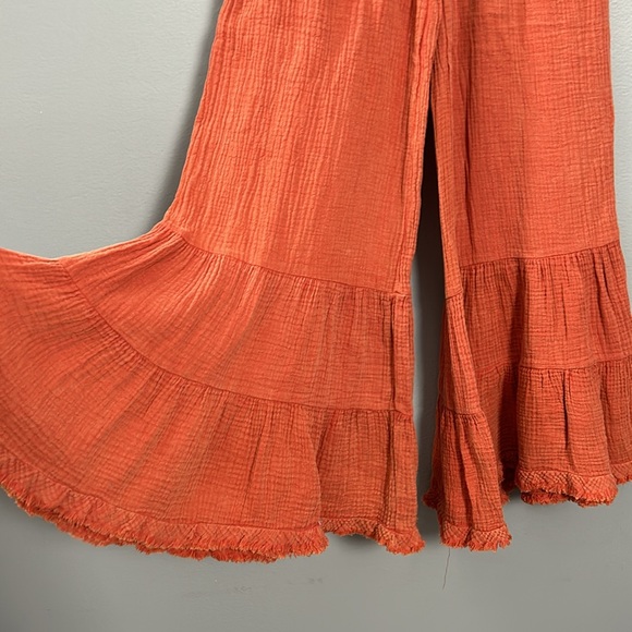 Umgee Orange Rust Wide Leg Ruffle Layered Hem Pants size M - Picture 6 of 14